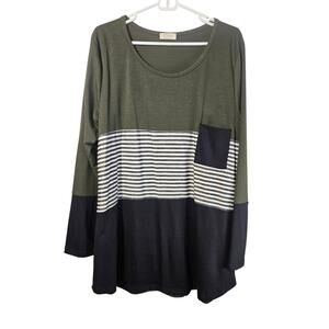 Be Stage‎ Womens Long Sleeve TShirt Green Black White Color Block Stripes 3x USA